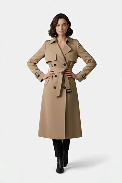 Cocooned Belted long trench coat with double-button front for women | Caurelle