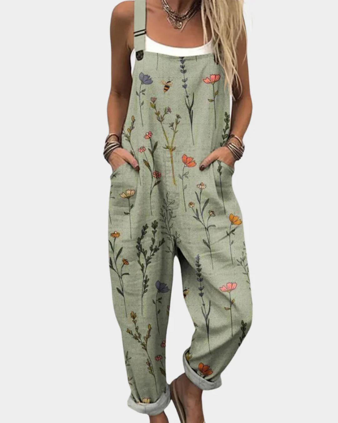 Printed wide-leg adjustable strap jumpsuit for women | Elira -7