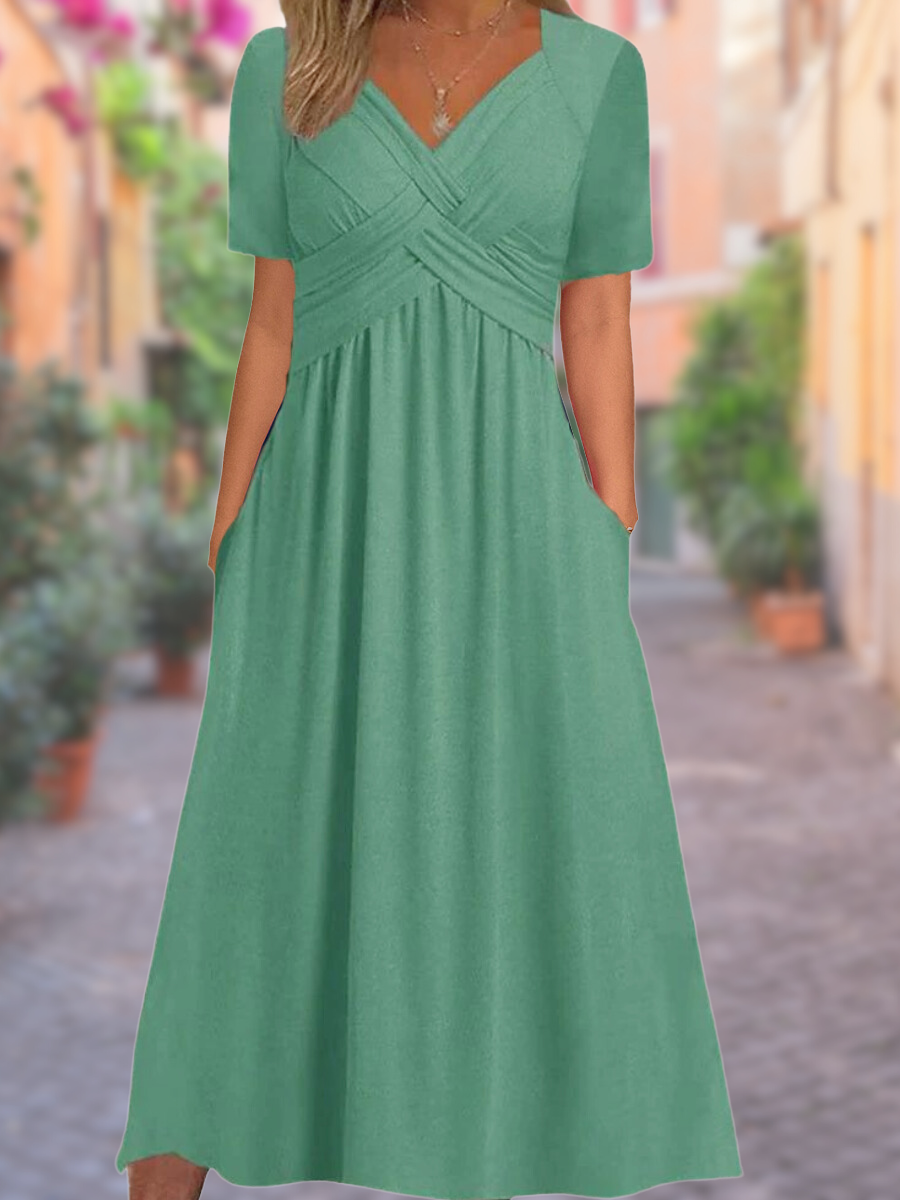 Relaxed draped V-neck everyday dress for women | Sylvia -3