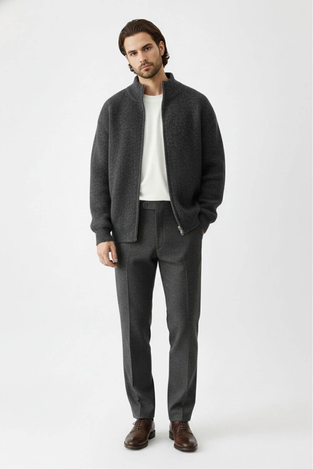Full-zip stand-collar knit jacket for men -5