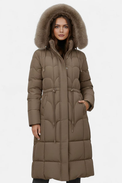 Shielded Long puffer coat with hood and adjustable waist for women | Caurelle