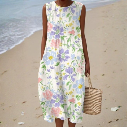 Peplum Sleeveless floral dress with A-line silhouette for women | Maribelle