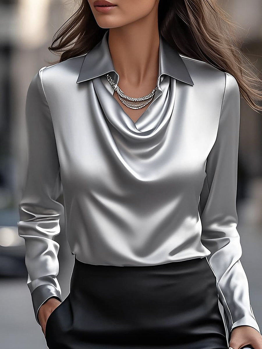 Elegant draped-neckline satin blouse for women -13