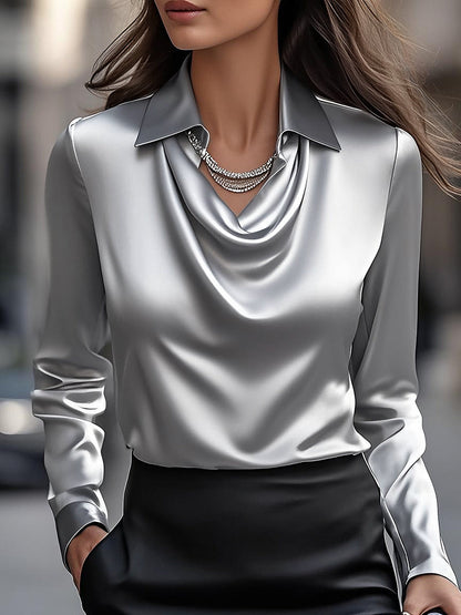 Elegant draped-neckline satin blouse for women -13