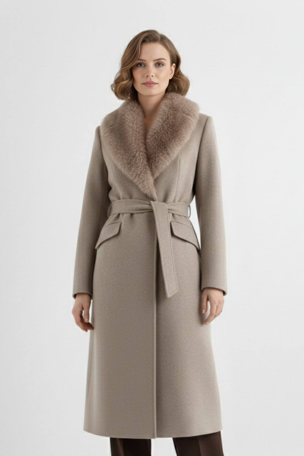 Long belted coat with soft faux fur collar for women -4