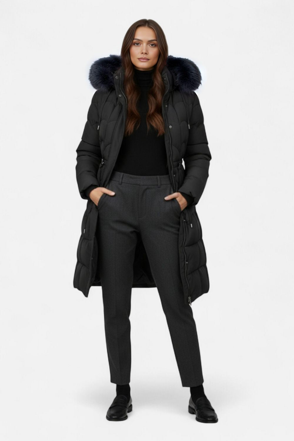 Long hooded puffer coat with drawstring waist for women -3