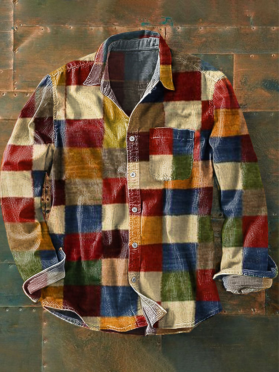 Colourful patchwork vintage long-sleeve shirt for men -1