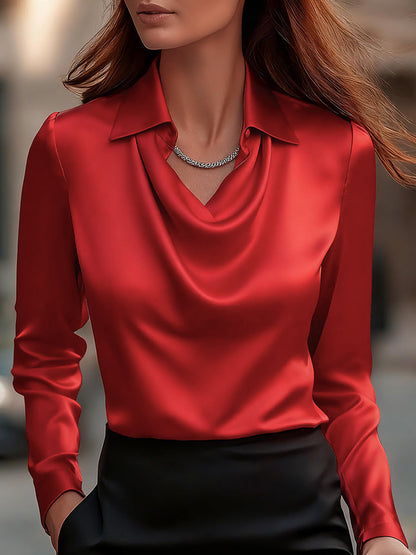 Elegant draped-neckline satin blouse for women -8