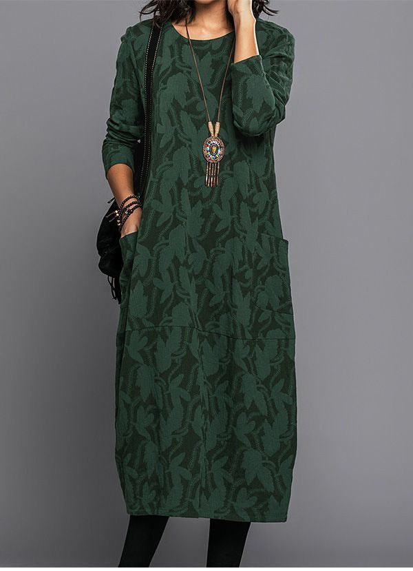 Relaxed long-sleeve midi dress with pockets for women -2