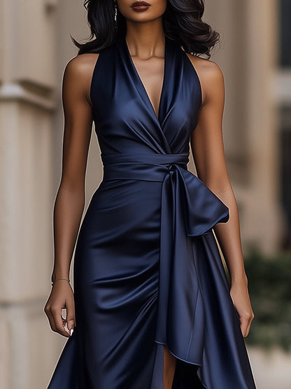 Sleek satin halter ruffle evening gown for women -3