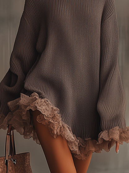 Ruffled high-collar knit mini dress for women | Nina -2