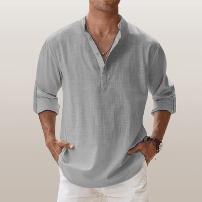 Casual linen blend henley shirt for men -10