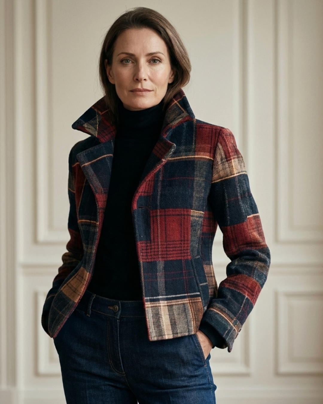 Classic plaid stand-collar jacket for women | Ira -4