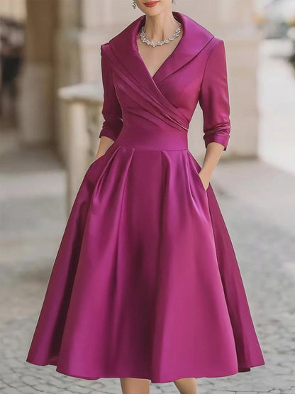 Vintage satin draped-collar midi dress for women -14