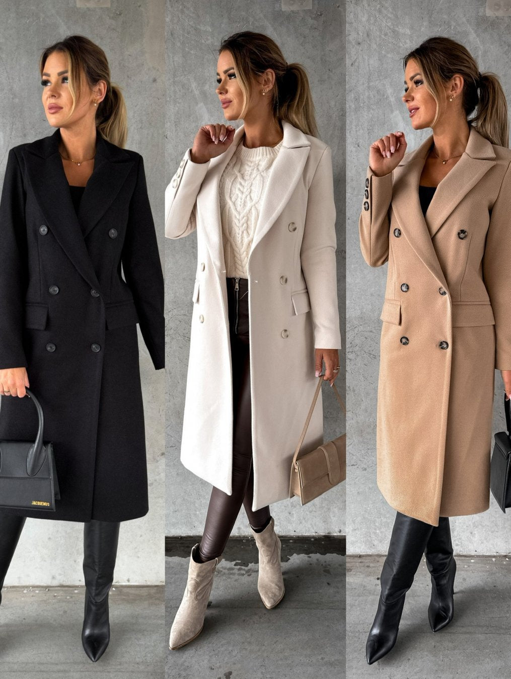 Double-breasted longline wool coat for women -10