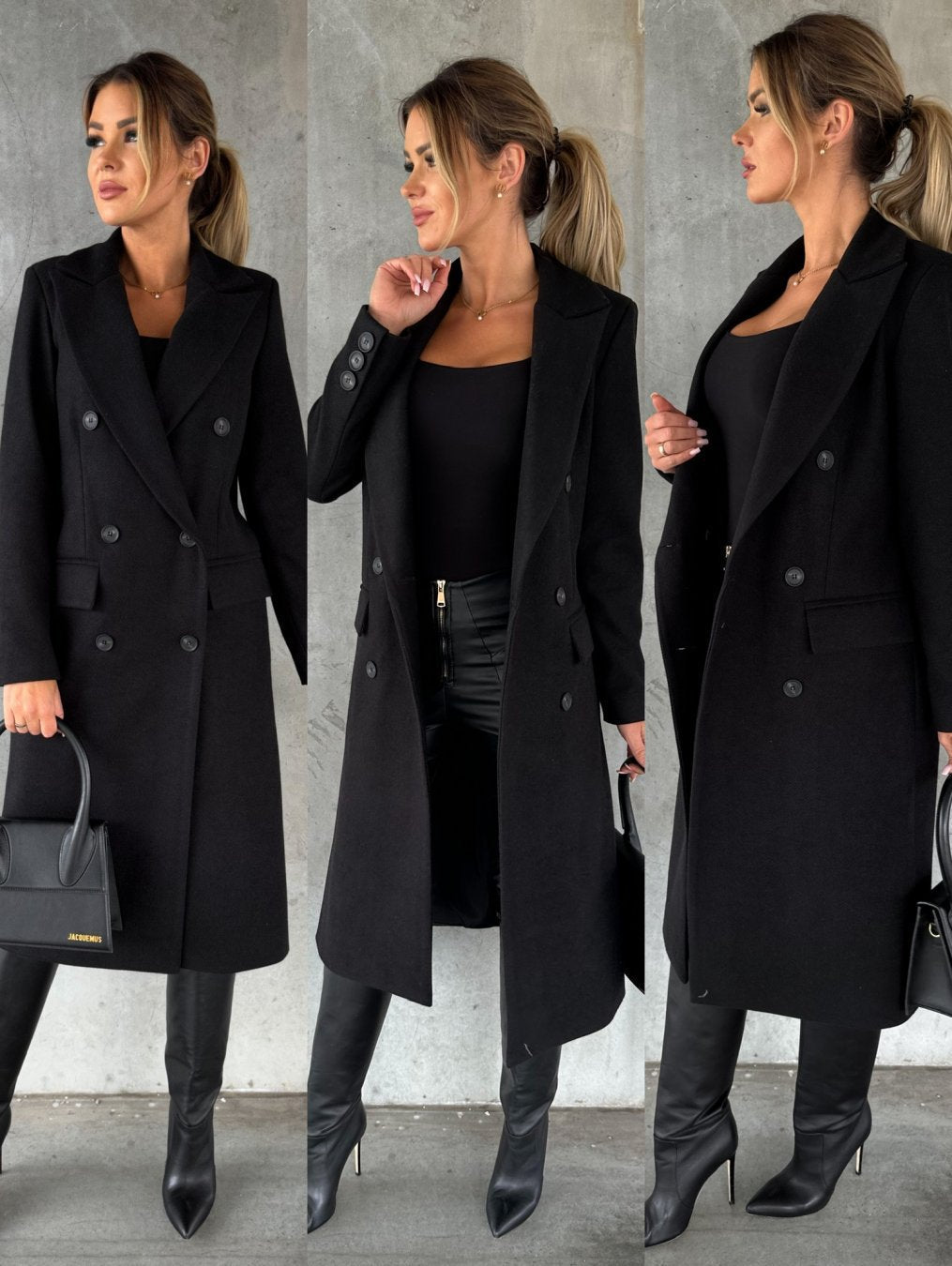 Double-breasted longline wool coat for women -12