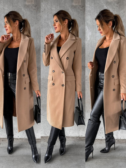 Double-breasted longline wool coat for women -13