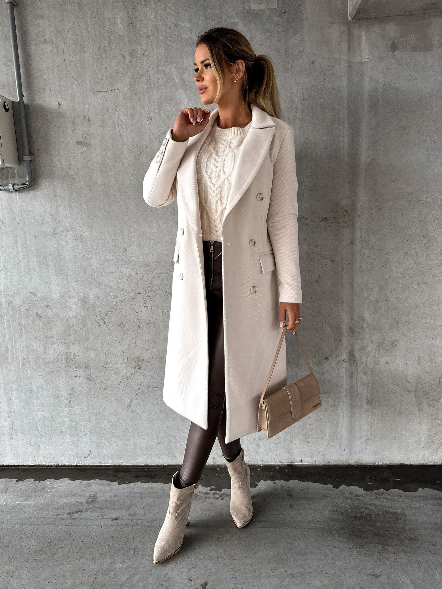 Double-breasted longline wool coat for women -9