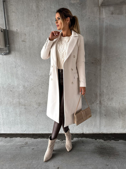 Double-breasted longline wool coat for women -9