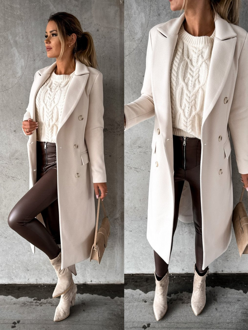 Double-breasted longline wool coat for women -11