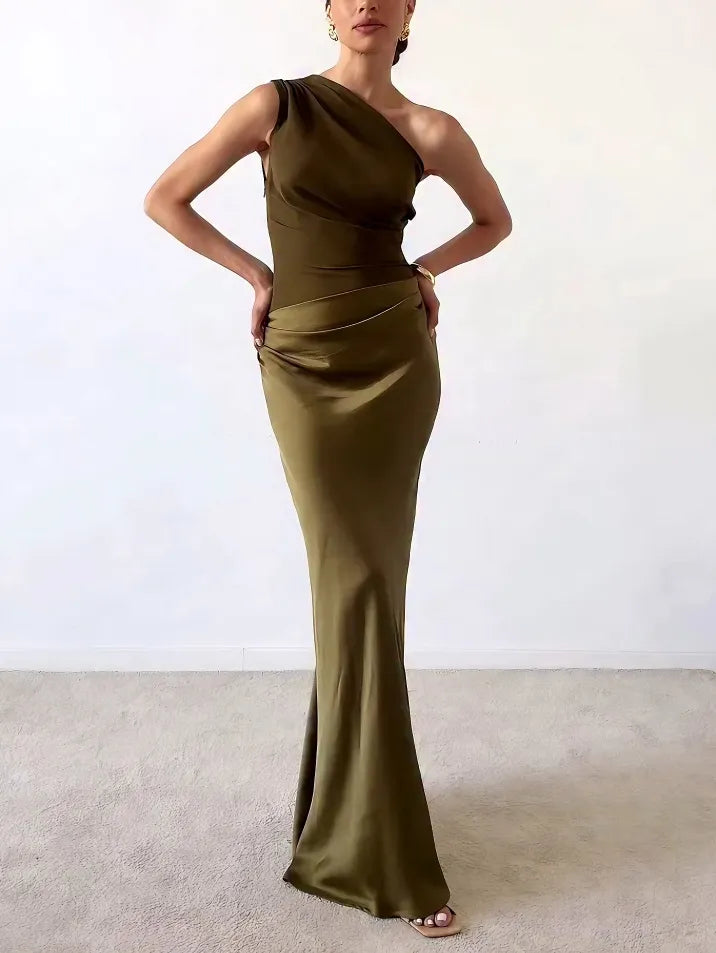 Elegant one-shoulder pleated maxi dress for women | Anita -2
