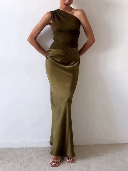 Elegant one-shoulder pleated maxi dress for women | Anita -8