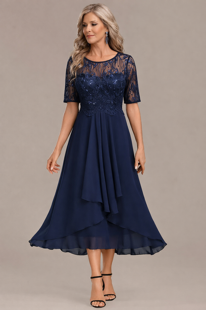 Printed Elegant lace sleeve round neck midi dress for women | Sophie