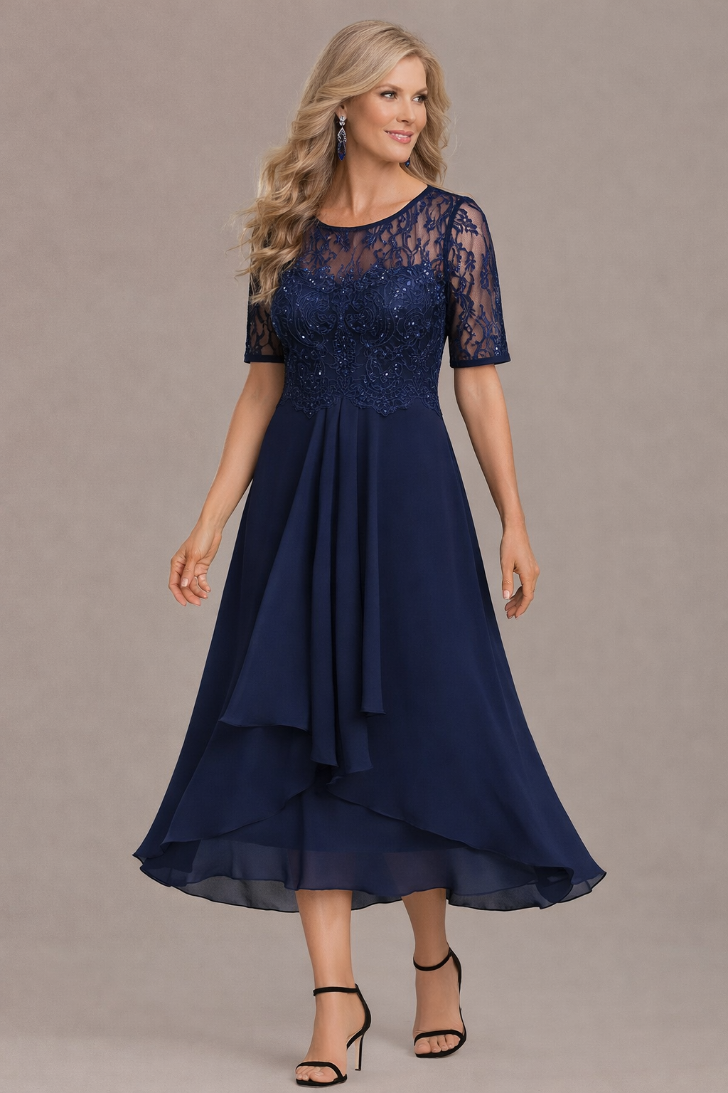 Printed Elegant lace sleeve round neck midi dress for women | Sophie
