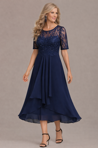 Printed Elegant lace sleeve round neck midi dress for women | Sophie