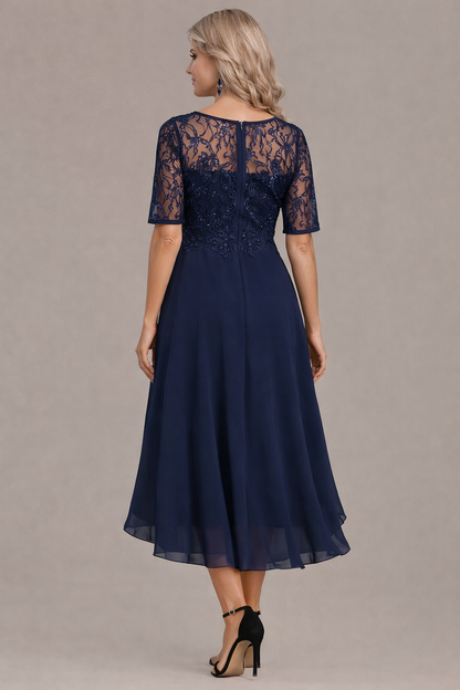 Printed Elegant lace sleeve round neck midi dress for women | Sophie