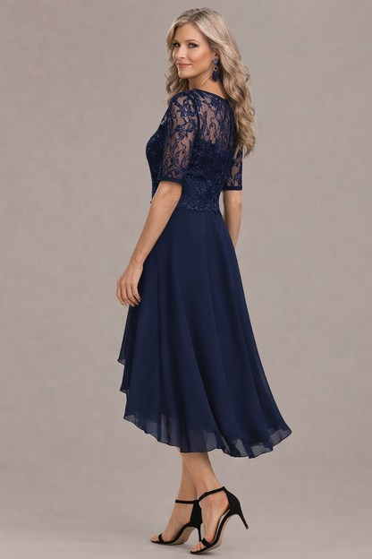Printed Elegant lace sleeve round neck midi dress for women | Sophie