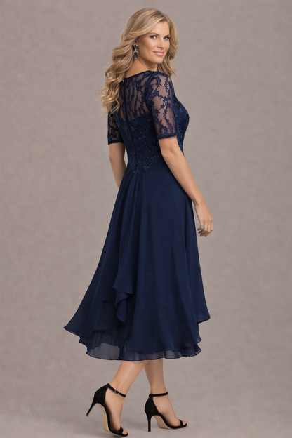 Printed Elegant lace sleeve round neck midi dress for women | Sophie