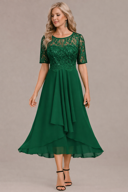 Printed Elegant lace sleeve round neck midi dress for women | Sophie