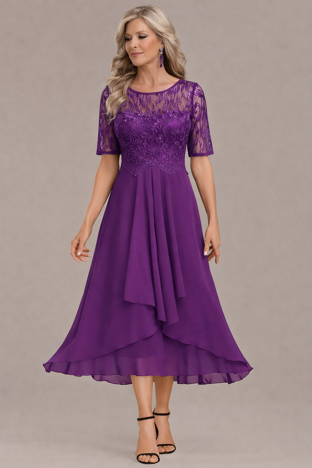 Printed Elegant lace sleeve round neck midi dress for women | Sophie