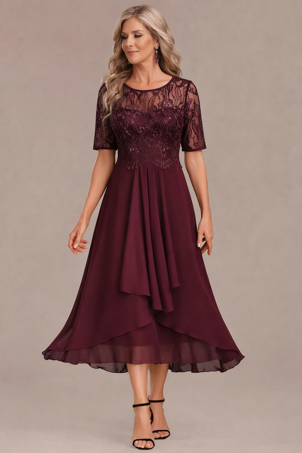 Printed Elegant lace sleeve round neck midi dress for women | Sophie