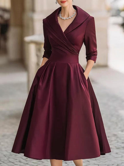 Vintage satin draped-collar midi dress for women -9