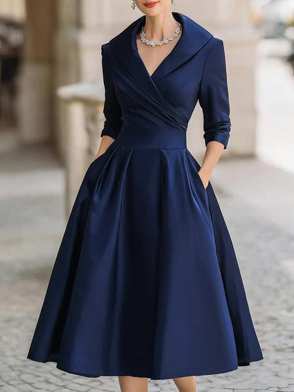 Vintage satin draped-collar midi dress for women -5