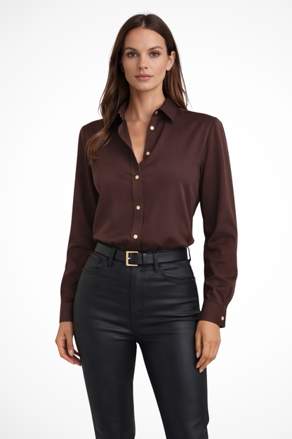 Relaxed long-sleeve V-neck blouse for women | Solenne -2