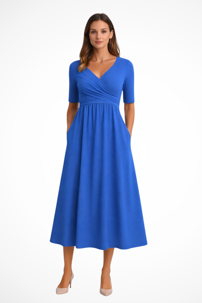 Wrap-front short-sleeve midi dress for women | Aveline -4