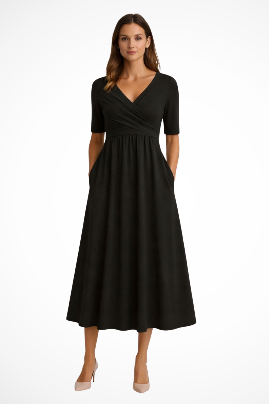 Wrap-front short-sleeve midi dress for women | Aveline -2