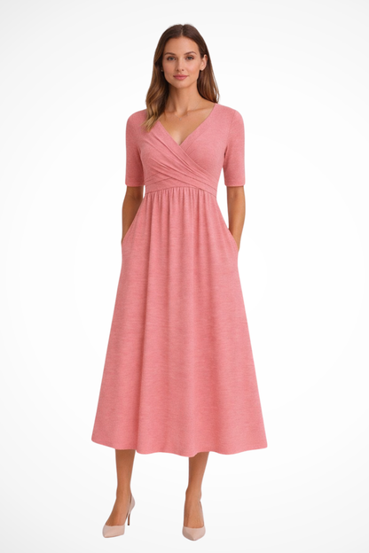 Wrap-front short-sleeve midi dress for women | Aveline -7