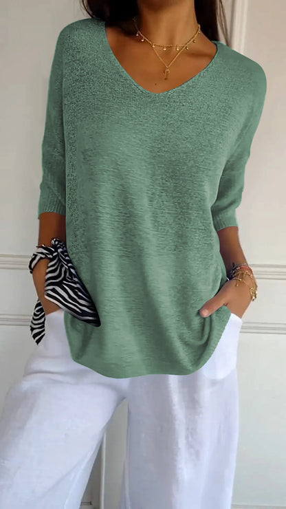 Classic plain knitted V-neck sweater for women | Rosal -8