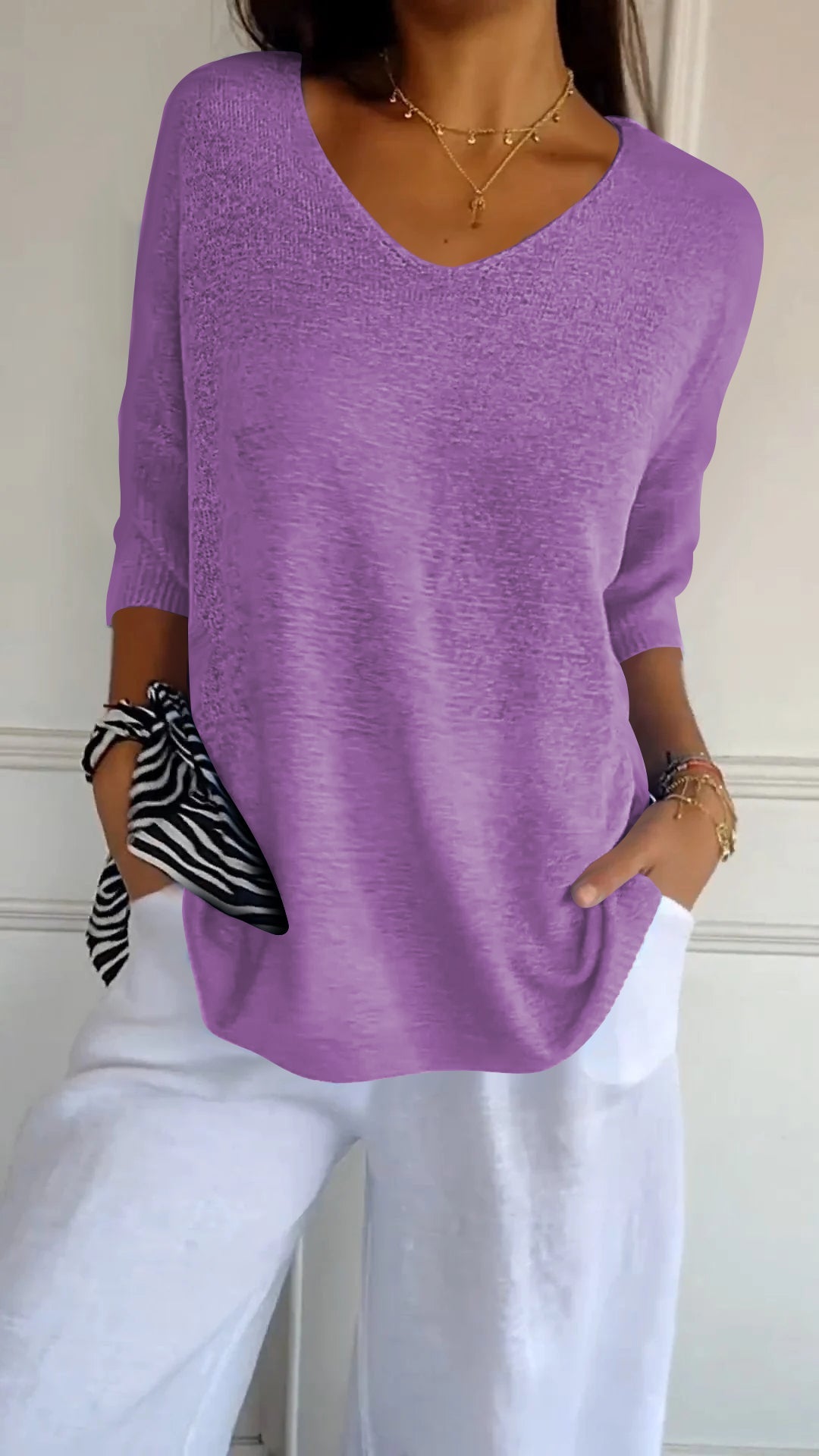 Classic plain knitted V-neck sweater for women | Rosal -6