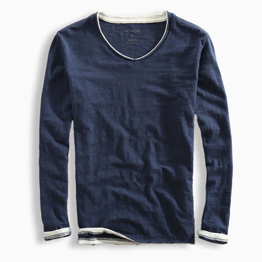 V-neck contrast trim long-sleeve shirt for men -1