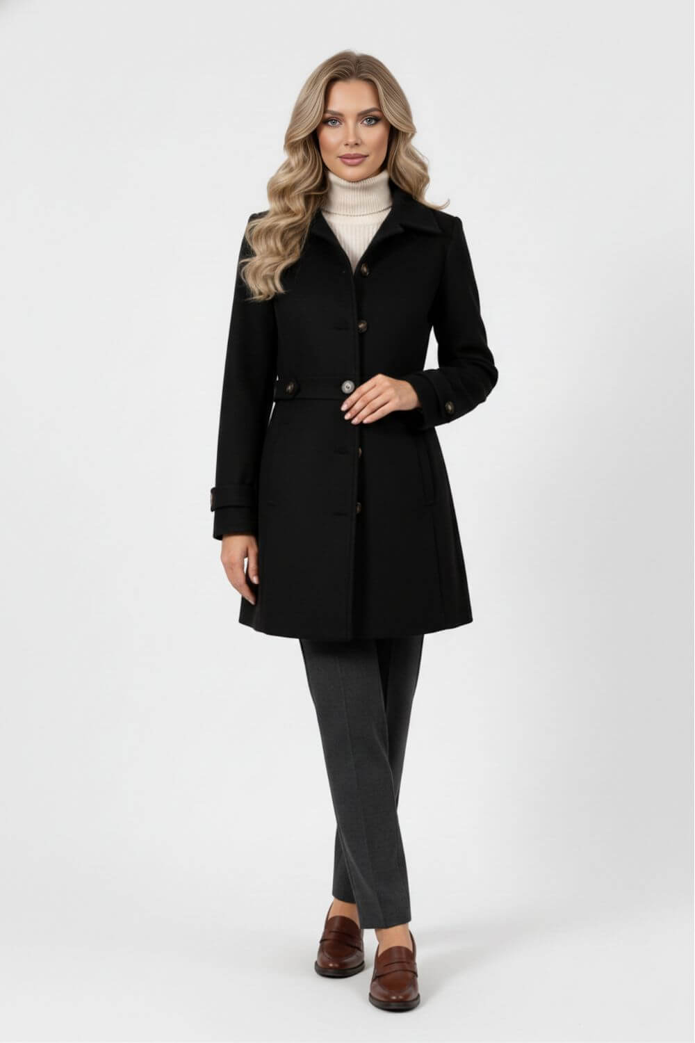 Haven Elegant buttoned winter coat with belted waist for women | Caurelle