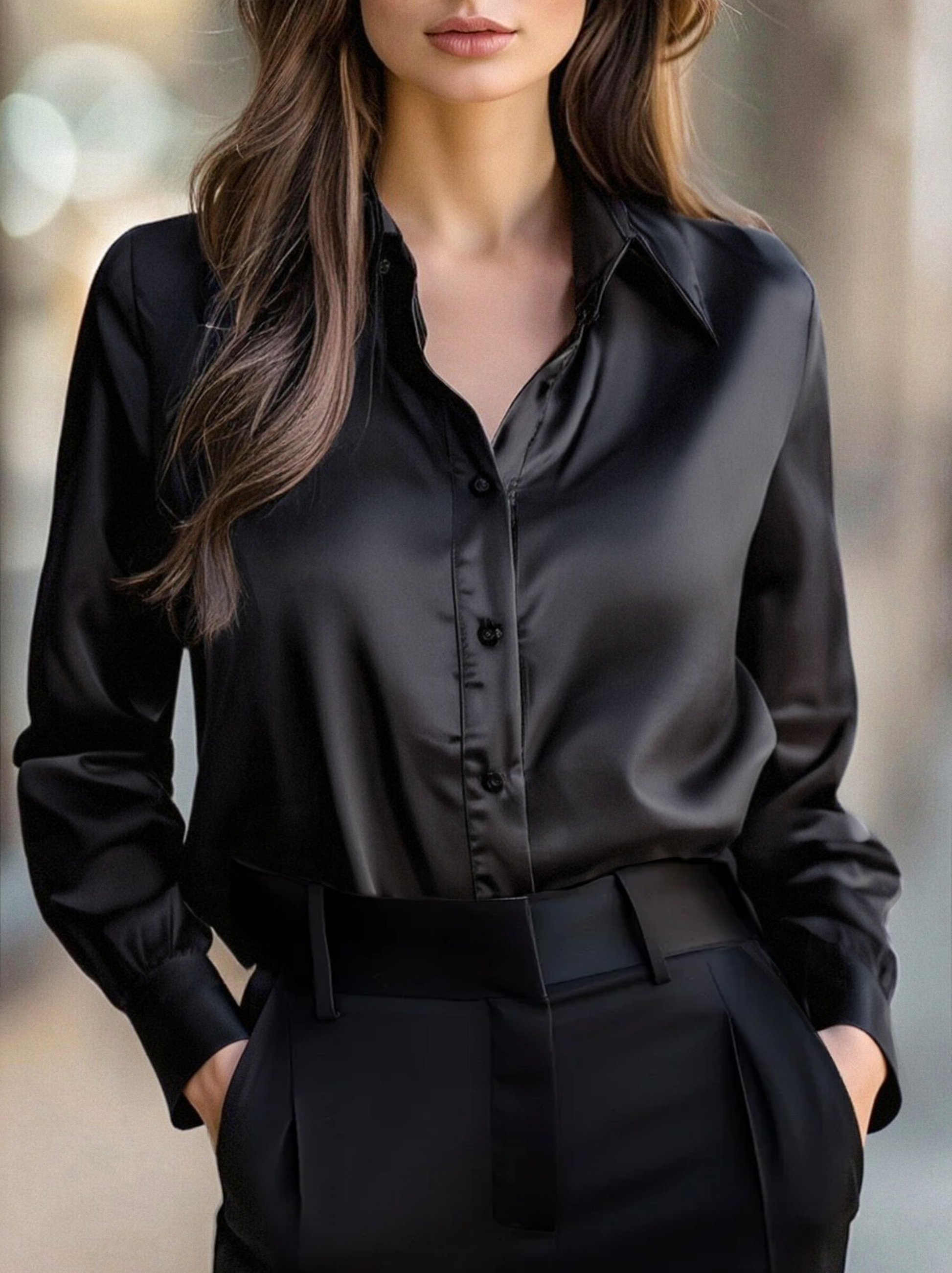 Elegant satin long-sleeve blouse for women -1