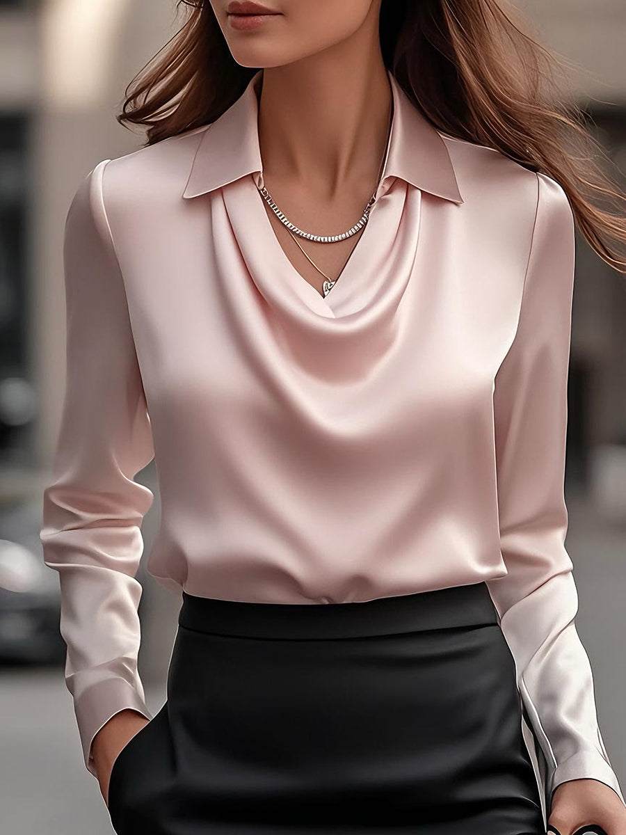 Elegant draped-neckline satin blouse for women -14