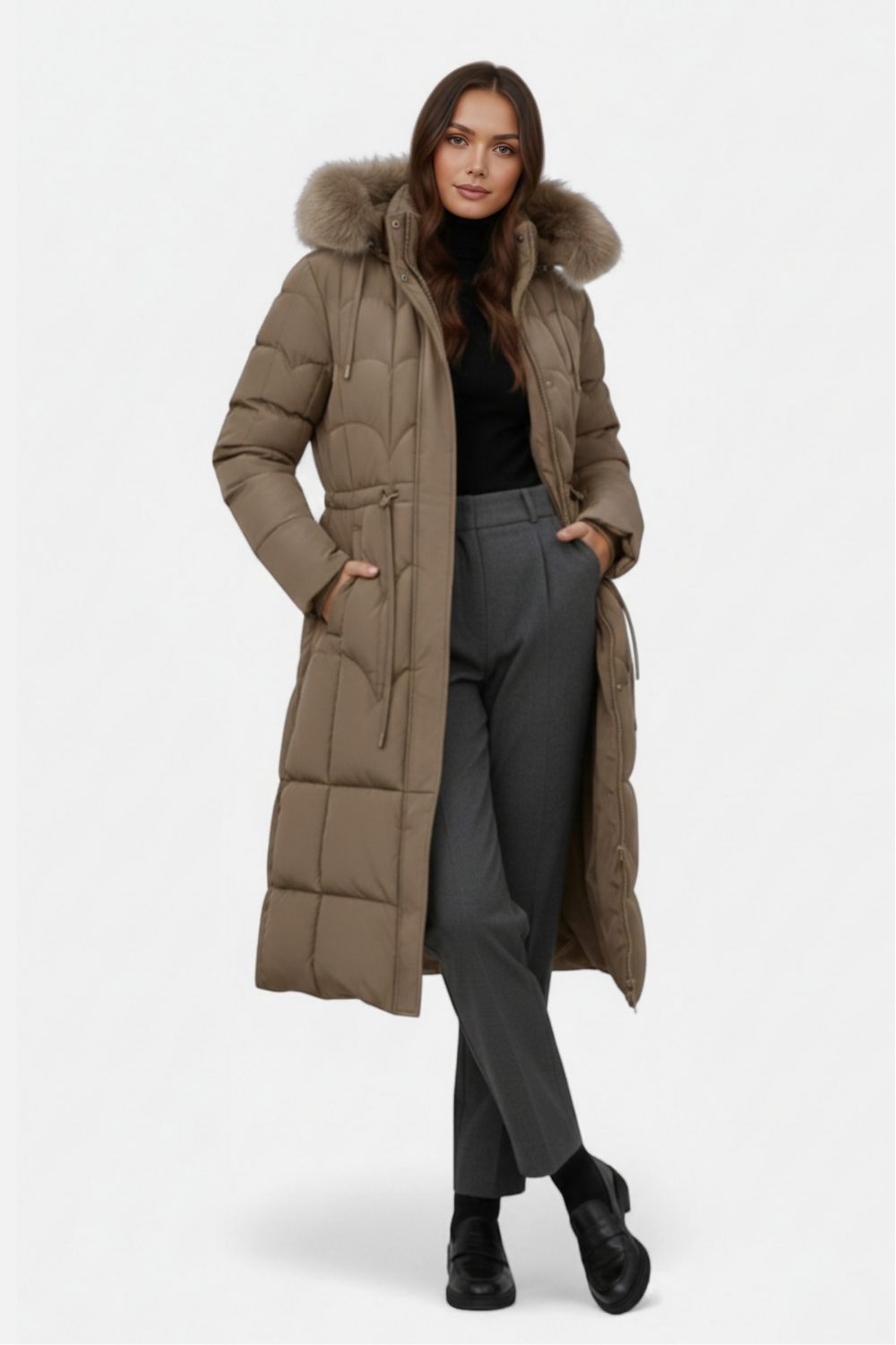 Shielded Long puffer coat with hood and adjustable waist for women | Caurelle