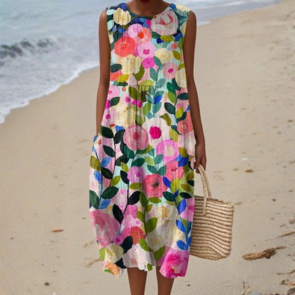 Peplum Sleeveless floral dress with A-line silhouette for women | Maribelle
