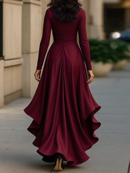 Midnight draped satin ruffle maxi dress for women -8